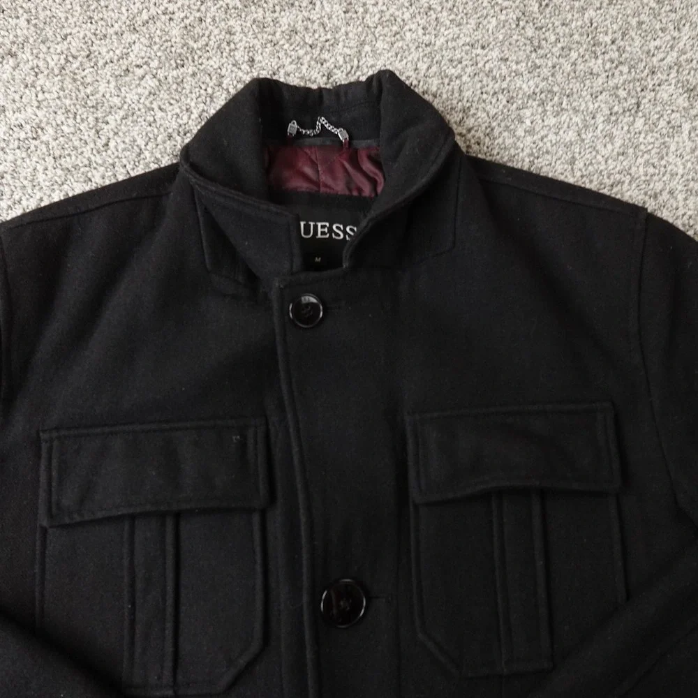 Guess‎ Jacket Mens M Black Wool Blend Field Chore Coat Cargo Utility Heavy Goth